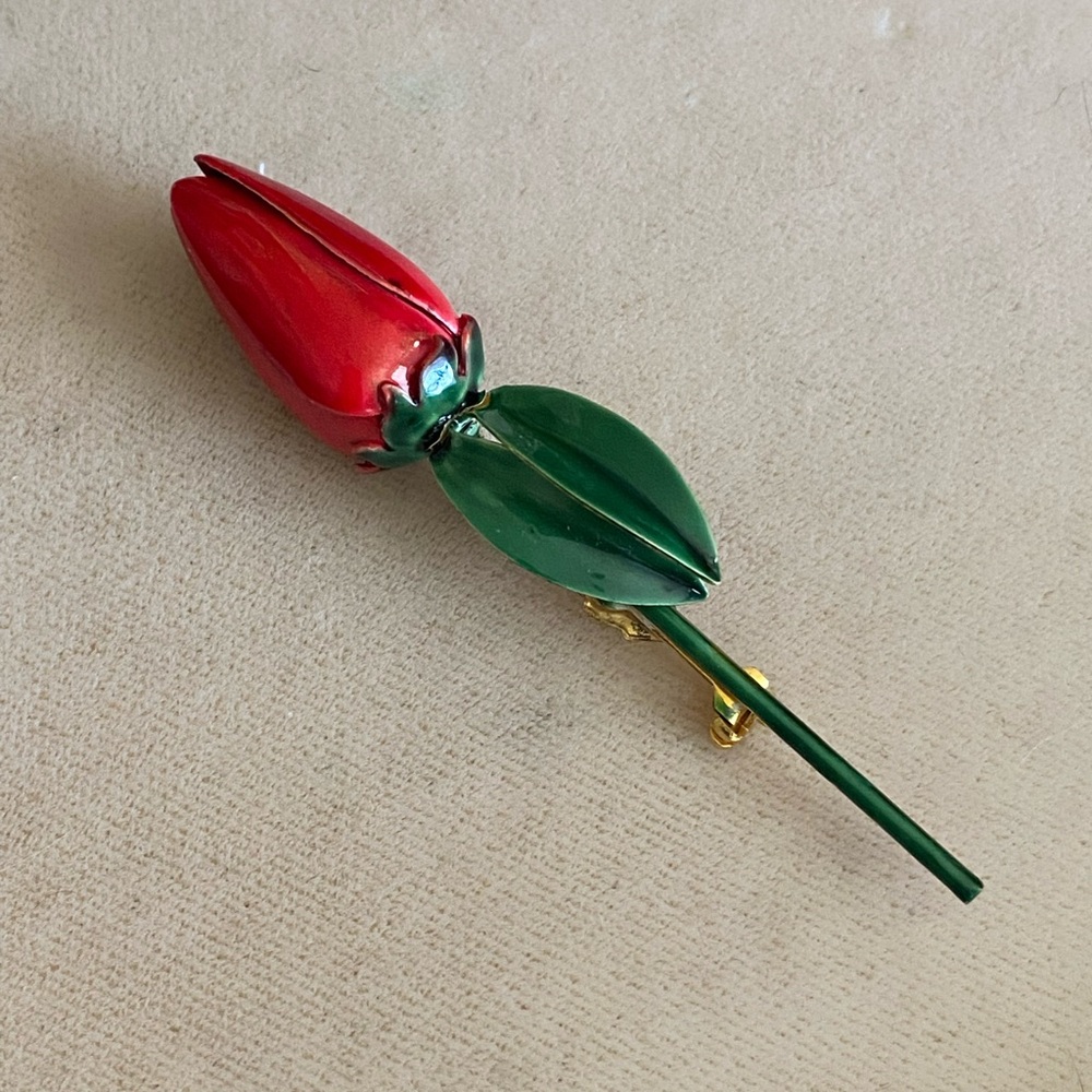 Vintage Sandor Red Rose Bud Enamel Brooch 1960